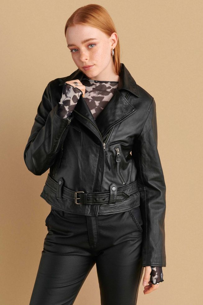 Black belted leather jacket best sale