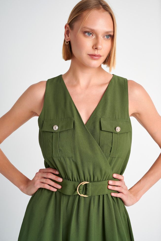 Belted sleeveless dress Khaki attrattivo