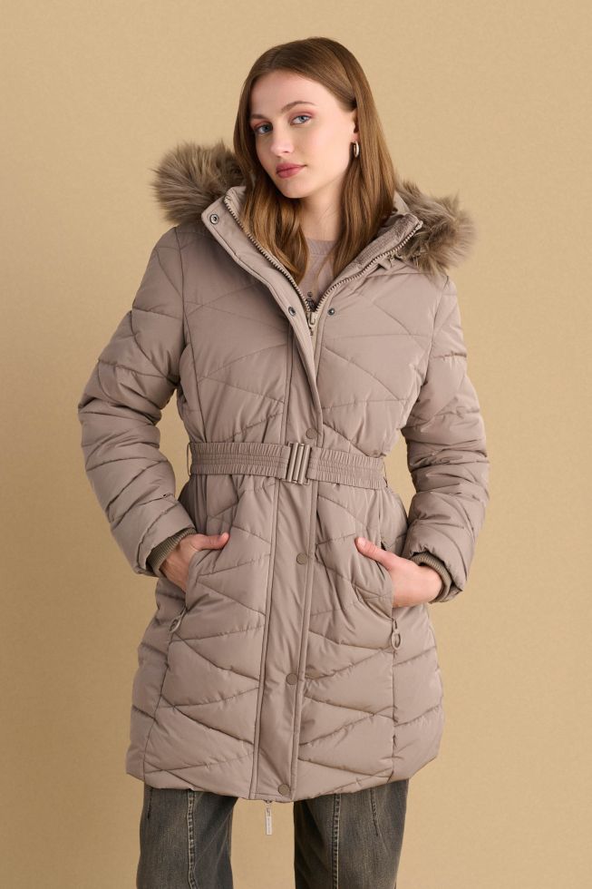 Ladies quilted jacket with fur hood on sale