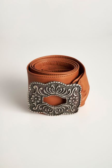 Wide carved-buckle belt - Tabac