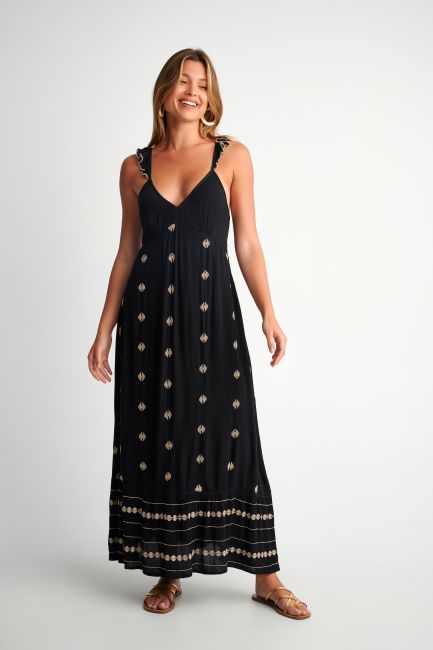 Maxi embroidered-detail dress - Black
