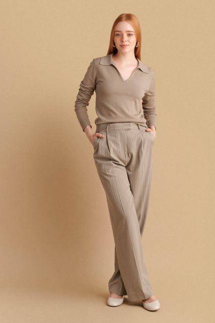 Straight-cut striped trousers - Taupe