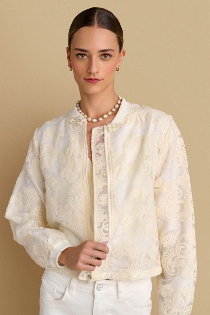 Pearl-detail jacket in floral embroidery - Vanilla