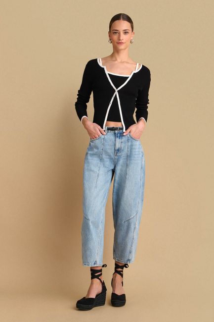 Decorative-stitching barrel leg jeans - Blue