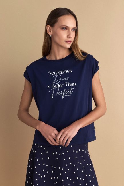 Lettering-print sleeveless blouse - Navy