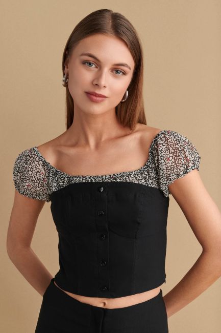 Printed upper part cropped blouse - Black