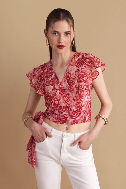 Floral chiffon wrap top - Red