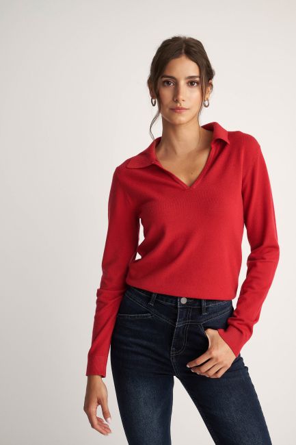 Knit blouse with lapel collar - Red