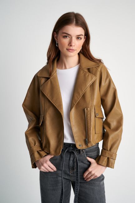 Drawstring-waist leatherette jacket - Tabac