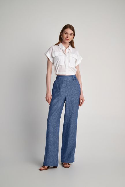Elastic waist linen trousers - Blue