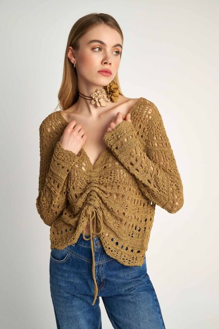 Crochet shirred-detail blouse - Beige