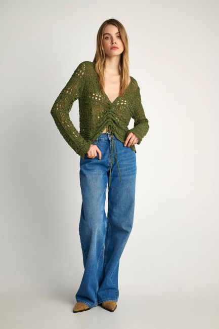 Crochet shirred-detail blouse - Khaki