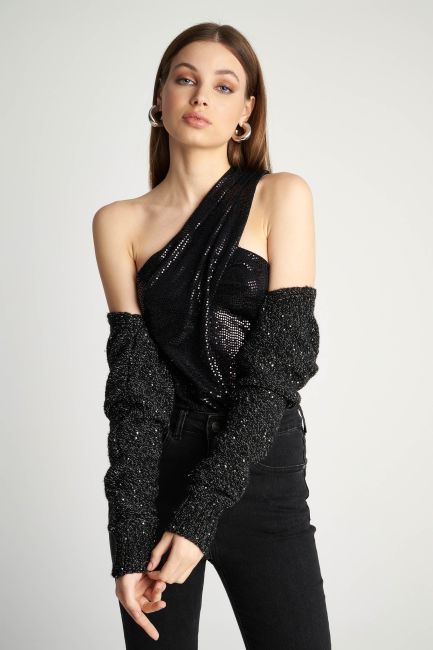 One shoulder sequin blouse - Black