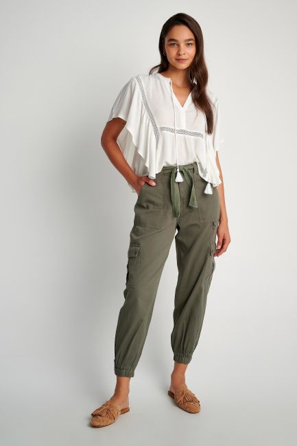 Elastic-waist cargo trousers - Khaki