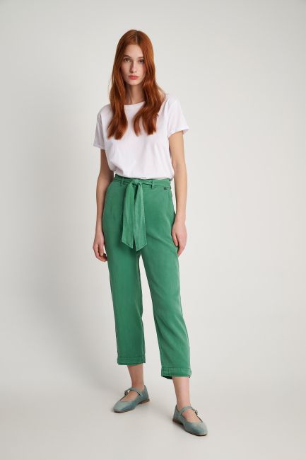 Παντελόνι από lyocell με δετή ζώνη - Green