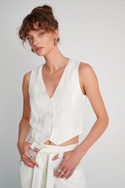Linen blend buttoned vest - White