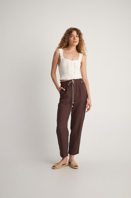 Linen blend drawstring trousers - Chocolate