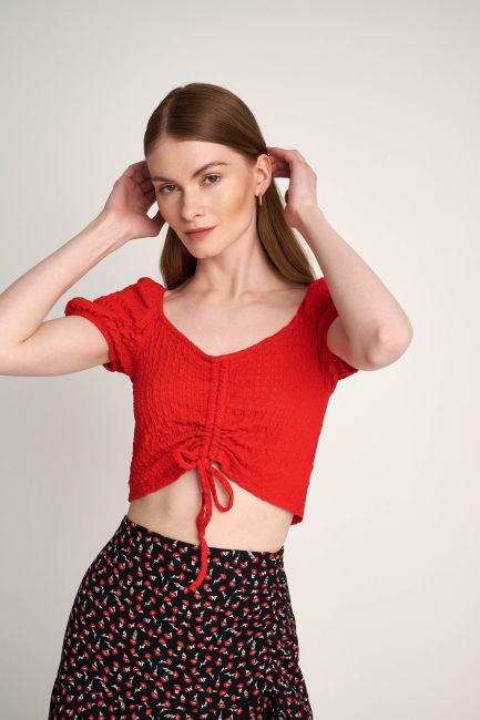 Puff sleeve waffle blouse - Red
